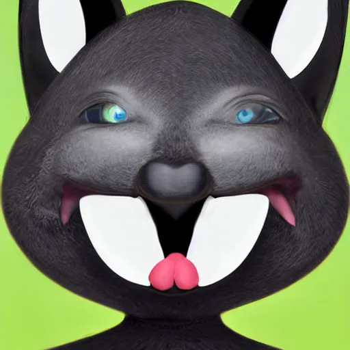 Prompt: A extremely highly detailed majestic hi-res beautiful, highly detailed head and shoulders portrait of a scary terrifying, horrifying, creepy black cartoon rabbit with scary big eyes, earing a shirt laughing, hey buddy, let's be friends, in the style of Walt Disney animation