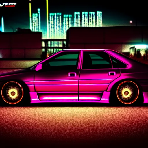 Image similar to a cyberpunk car JZX100 turbo at illegal car meet, Saitama prefecture, city midnight mist lights, cinematic color, photorealistic, highly detailed, 200MM