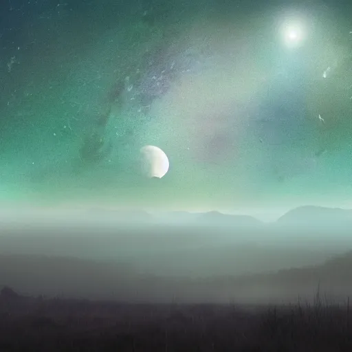 Prompt: david attenborough nature documentry footage, ultra high definition, 8 k, broad light, ambient occlusion, beautiful serene ethereal misty valley in between vast moorland and distant forests under a starry night sky with giant super moon, amethyst citrine opal, muted pastel tones