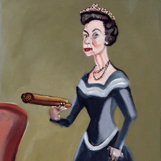 Image similar to Realistic painting of Queen Elizabeth II smoking a cigar on a unicycle