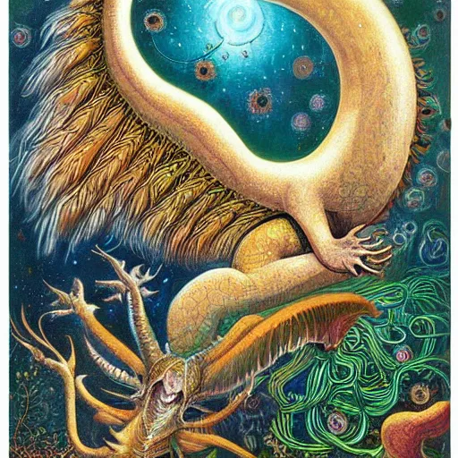 Prompt: strange mythical beasts of whimsy, surreal oil painting by Ronny Khalil , drawn by Ernst Haeckel, as an offering to Zeus