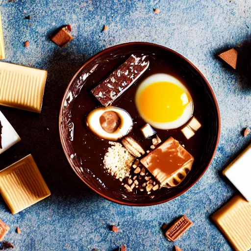 Prompt: chocolate bars in a bowl of ramen, professional food photography, gastronomy magazine