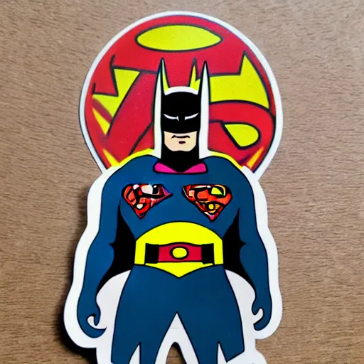 Prompt: die cut sticker, batman in a superman suit, splatter paint