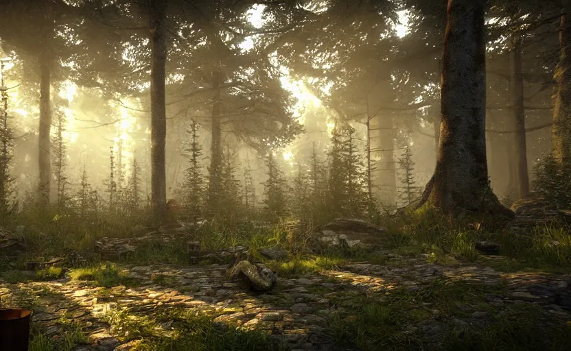 Image similar to steampunk photorealistic forest. daylight stars. light fixtures. unreal engine. 8K. detailed. photorealism. artstation. digital render. ultra realistic