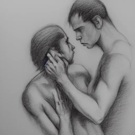 Image similar to dramatic event between lovers, pencil sketch, 2 man, almost stroking, tears, low water, white colors