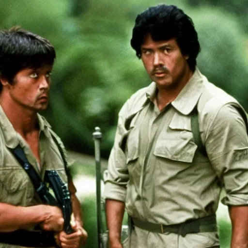 Image similar to a still of Rambo First blood with Kim Jong-il on the role of John Rambo