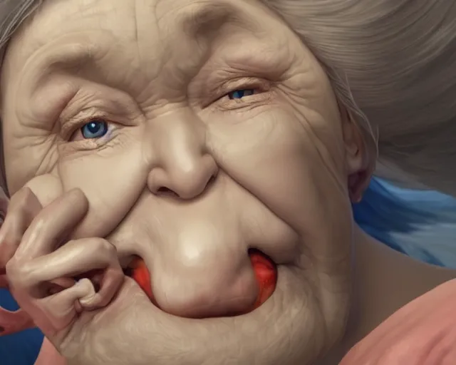 Image similar to of a very beautiful scene. ambient occlusion render. a sweet fat old woman is giving birth to a huge art book. hyper realistic. 4 k. wide angle. wild. symmetrical face, red mouth, blue eyes. deep focus, lovely scene. ambient occlusion render. concept art. unreal engine.