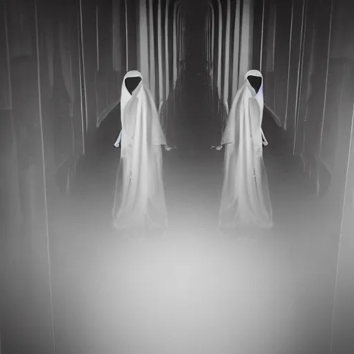 Prompt: nightmare vision, black and white, award winning photo, levitating twin nuns, wearing translucent sheet, in a sanctuary, hallways, eerie, frightening —width 1024 —height 1024