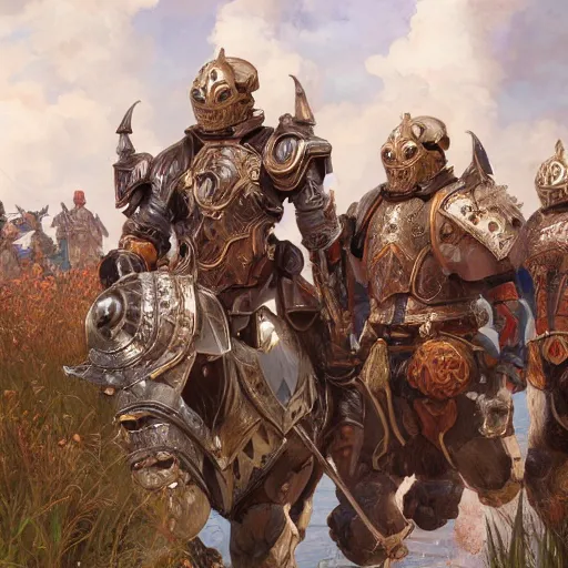 Image similar to group of humanoids with pug heads with stern expressions dressed in armor going to battle english countryside, ssci - fi and fantasy, intricate and very very beautiful and elegant, highly detailed, digital painting, artstation, concept art, smooth and sharp focus, illustration, art by tian zi and wlop and alphonse mucha