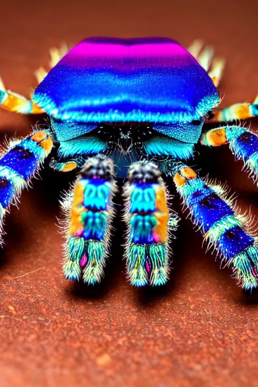 Prompt: high quality macro photo rococo iridescent tarantula! jewelled gorgeous! highly detailed david ligare elson peter cinematic blue neon lighting high quality low angle hd 8k sharp shallow depth of field