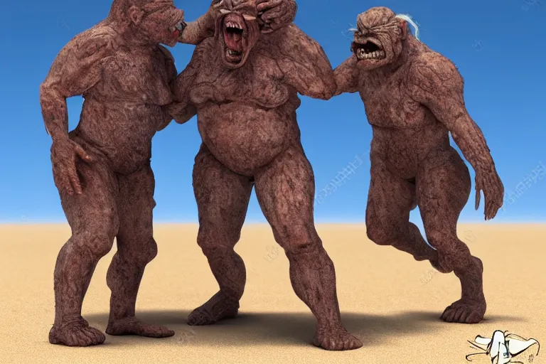 Image similar to photo, two old men!, two hairy fat ugly fight aliens 4 0 1 2 7 on a beach, highly detailed, scary, intricate details, volumetric lighting, front view