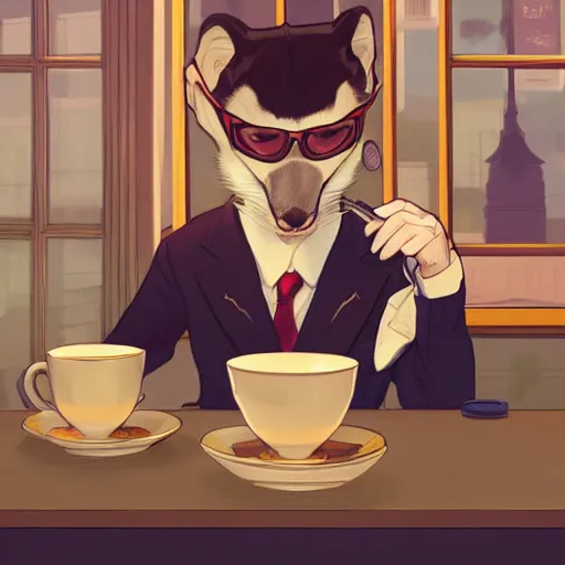 Image similar to a weasel in a suit was drinking tea, surrounded by tea houses ambient lighting, 4 k, lois van baarle, ilya kuvshinov, rossdraws, alphonse mucha, jung gi kim, artstation