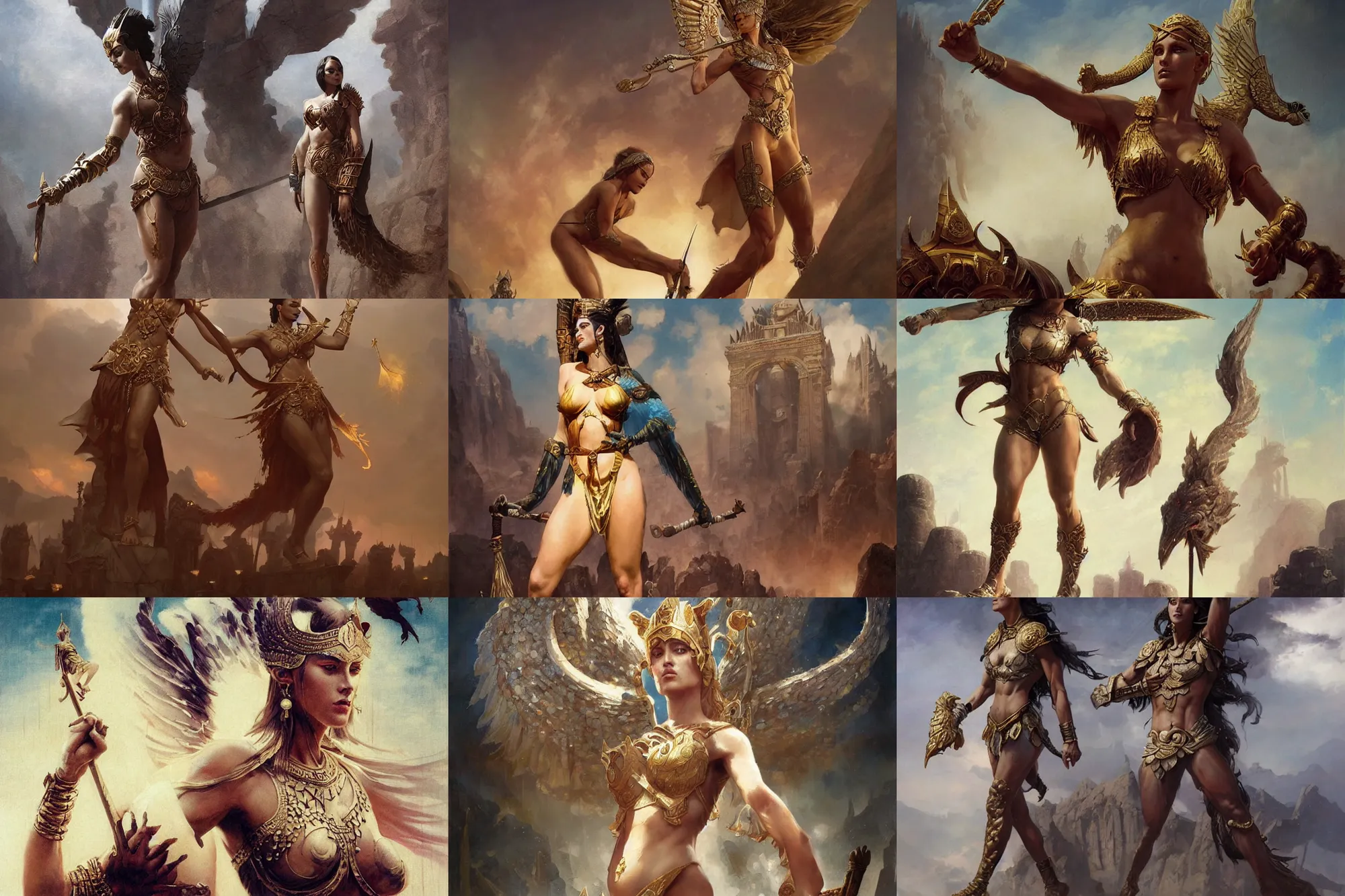 Image similar to An epic fantasy character art full portrait of a goddess at the first olympic games, by Greg Rutkowski, Frank Frazetta, Boris Vallejo, very very beautiful, olympus, Exquisite detail, post-processing, masterpiece, cinematic, coliseum