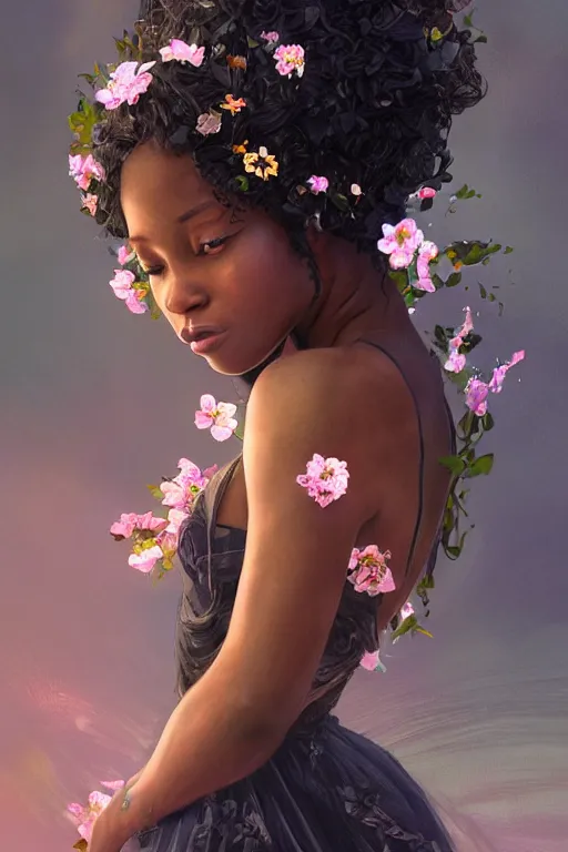 Prompt: ultra realistic illustration, black american girl with flowers blossoming from her hair, standing seductively, wearing night dress, night time, moonlight, snowy, volumetric lighting, elegant, highly detailed, digital painting, concept art, smooth, sharp focus, illustration, art by artgerm and greg rutkowski and alphonse mucha