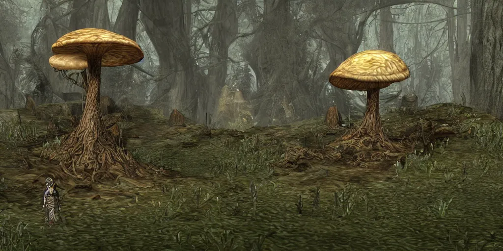 Image similar to telvanni mushroom wizard's tower residence, cascadian