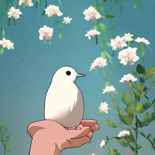 Image similar to white bird holding a flower cinematic composition, studio ghibli, digital art, cute