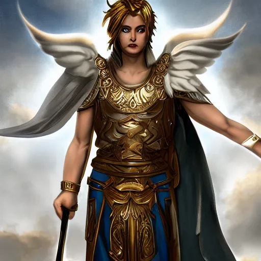 Image similar to male divine androgynous gorgeous, with a white gold high angelic armor, dark epic, roman toga, cinematic lighting, heaven background, concept art, highly detailed, photorealistic, 4 k