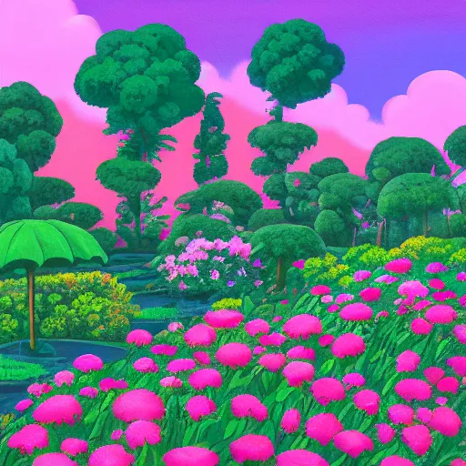 Image similar to a painting of a garden by studio ghibli, vaporwave, pink sky, surrealist, digital art, nostalgia, shrubs