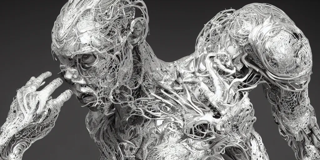 Image similar to hyper realistic photography of a stunningly beautiful cyborg male, elbow, thy, intimate, holding close, reflective chrome in the style of beth cavener, jin kagetsu,, and wlop, highly detailed, intricate filigree,, masterpiece, award winning, sharp focus, concept art, ringflash lighting, ambient lighting, octane render, 8 k, artstation