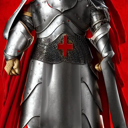 Prompt: man in decorated crusader armor and white cape with big red cross on it digital art realistic high detail