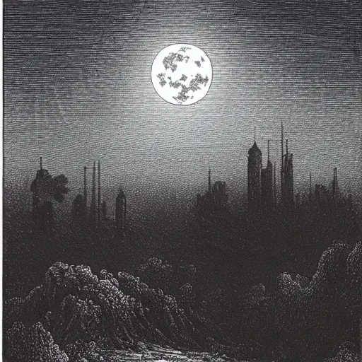 Image similar to a distant city, trees, night, full moon, clouds, chiaoscuro, illustration by Gustave Doré