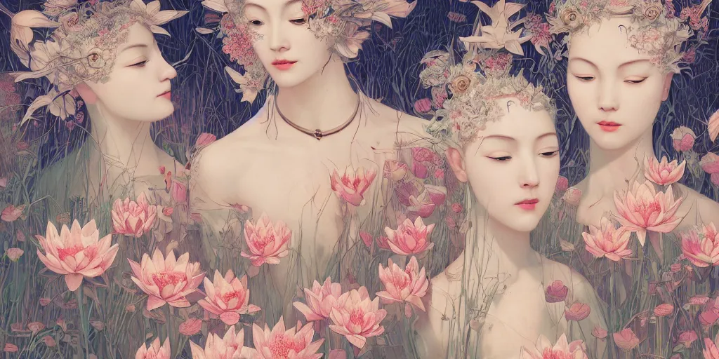 Image similar to breathtaking detailed concept art painting art deco pattern of blonde faces goddesses amalmation lotus flowers with anxious piercing eyes and blend of flowers and birds, by hsiao - ron cheng and john james audubon, bizarre compositions, exquisite detail, extremely moody lighting, 8 k