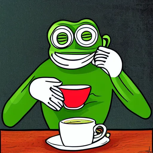 Pepe The Frog Drinking Coffee From A Large White Mug Stable