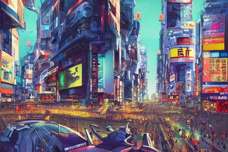 Prompt: futuristic city of tokyo japan, shibuya crossing, illustration painting, intricate, detailed illustration, hd, digital art, overdetailed art, concept art, complementing colors, detailed, illustration painting by leonardo da vinci, digital art, overdetailed art, concept art, complementing colors rendered by beeple, syd meade,