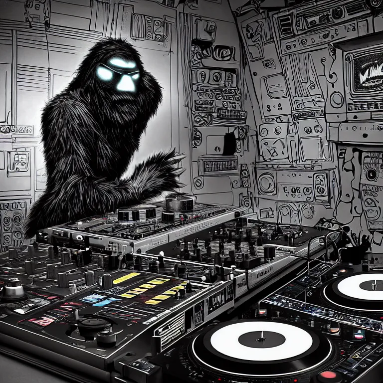 Image similar to a photograph portrait of an anthropomorphic cyberpunk bigfoot dj at the turntables spinning records, detailed render, tape deck, boombox, headphones, epic composition, cybernetics, 4 k realistic, cryengine, realistic shaded lighting, sharp focus, masterpiece, by matteo scalera, gary montalbano, peter elson in the style of the tokyo ghost comic