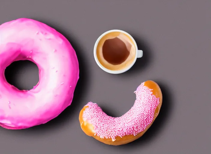 Prompt: A pink donut next to cup of coffee, blender render