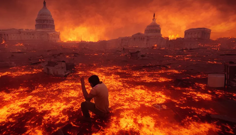 Image similar to sad man on his knees in burning washington dc, sky on fire, ashes, smoke columns, debris, collapsed buildings, hyperdetailed, artstation, cgsociety, 8 k