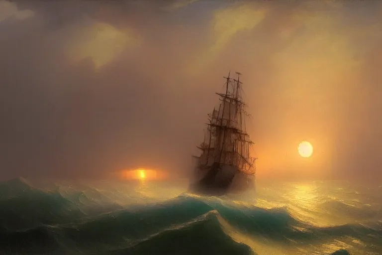 Image similar to Ghost ship in the stormy sea, sunset, by Aivazovsky, trending on artstation, bright sunny day, 8k, sharp high quality,