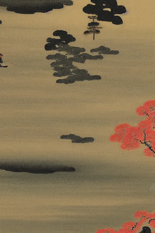 Image similar to japanese painting of a landscape by kano sanraku in the style of nihonga, gold