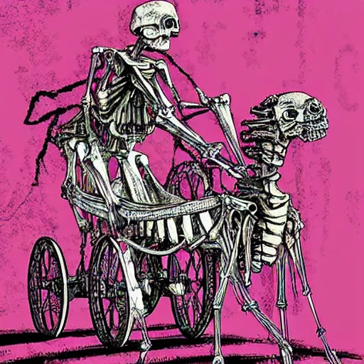 Image similar to The digital art features a human figure driving a chariot. The figure is skeletal and frail, with a large head and eyes. The chariot is pulled by two animals, which are also skeletal and frail. magenta by Adrian Tomine, by Vittorio Matteo Corcos distorted, intuitive