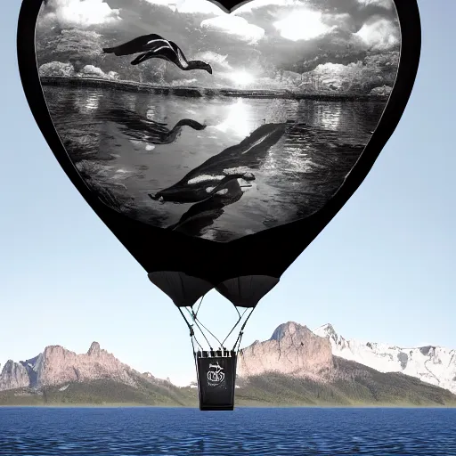 Image similar to realistic extremely detailed photo of a hot air balloon with a picture of two black swans swimming, touching heads, forming a heart with their necks flying above a reflective mountain lake, granular detail, holographic krypton ion, octane render, 4k, f32,55mm photography, wide angle