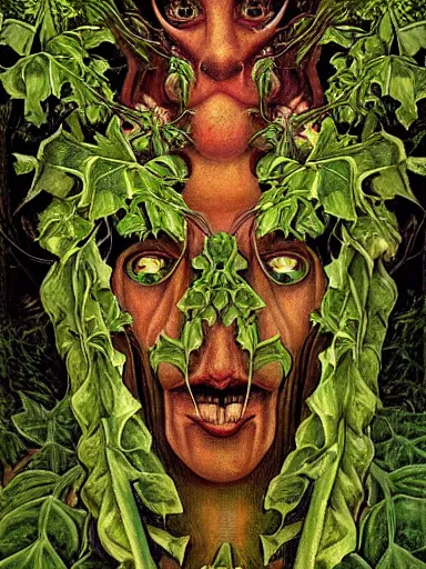 Prompt: The Hanging-Gardens of Pareidolia, lobelia, ivy, verbena and pothos growing facial features and optical-illusions, aesthetic!!!!!!!!!!, by Gerald Brom in the style of Johfra Bosschart in the style of,