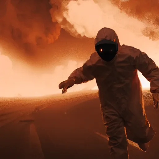 Prompt: A cinematic film still of a man in a hazmat suit running away from an explosion.