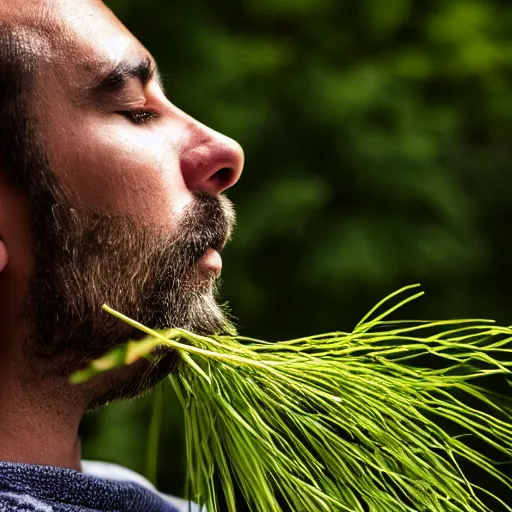 Image similar to A man intensely smelling gras, XF IQ4, 150MP, 50mm, F1.4, ISO 200, 1/160s, natural light