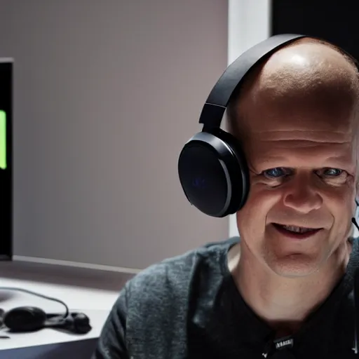 Prompt: Olaf Scholz wearing Razer Headset playing Valorant on his RGB PC