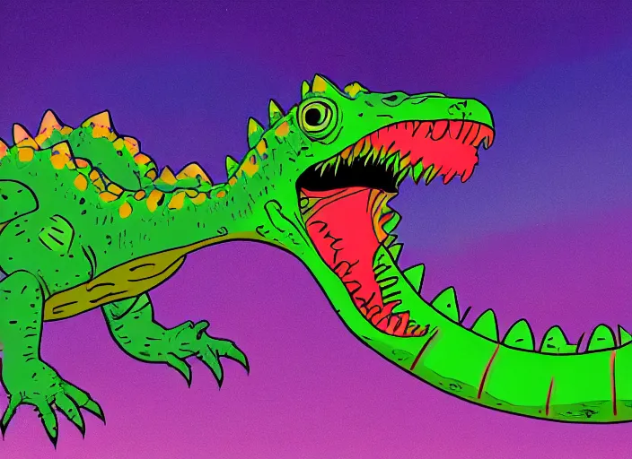 Prompt: Reptar vs. The Aliens, colorful kaiju film, green dinosaur monster with red-orange eyes and blue dorsal fins