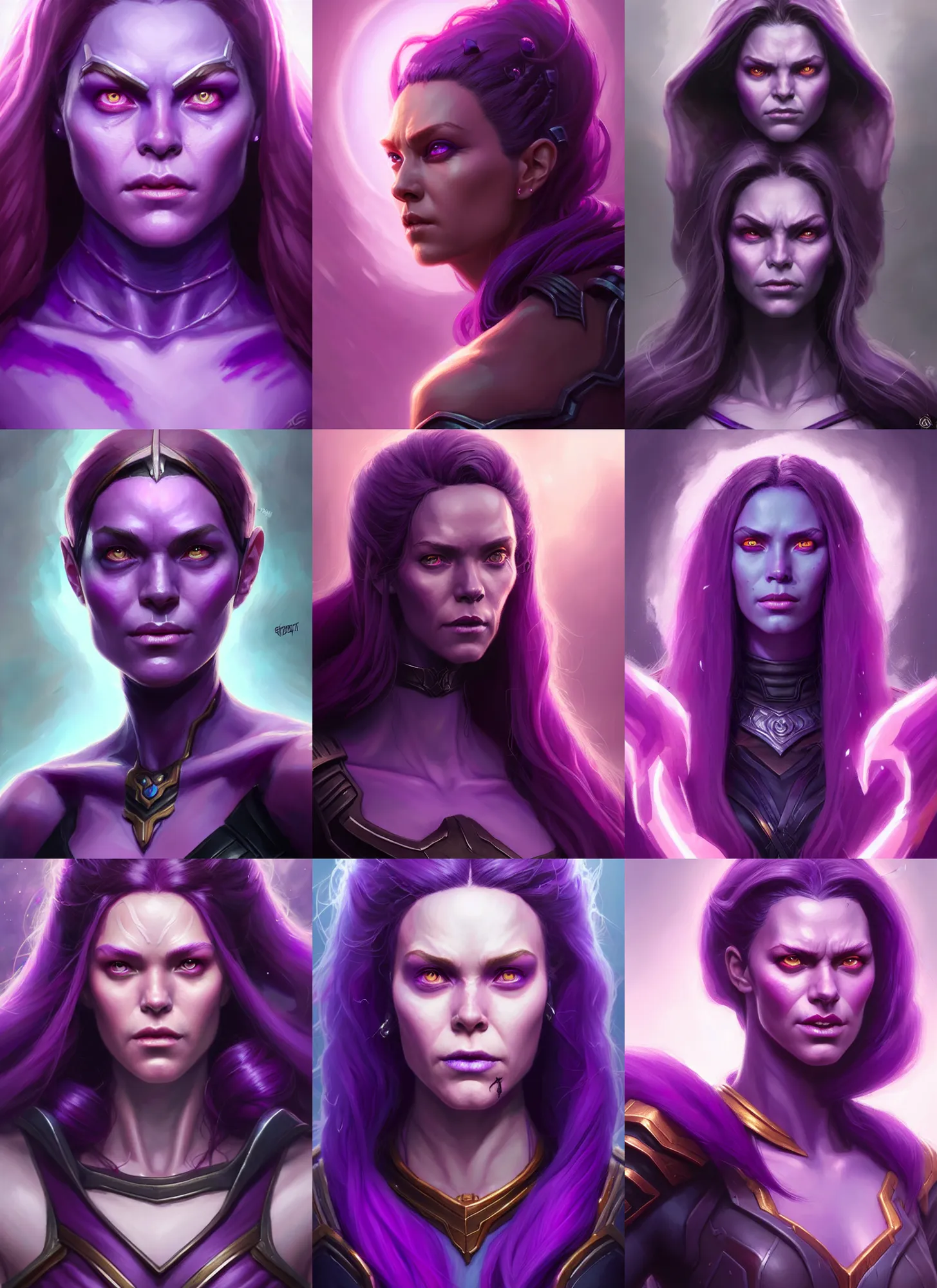 Prompt: a fantasy style portrait painting a character if wanda maximoff and thanos had a daughter, purple skin, powerful chin, thanos style traits, painting, unreal 5, daz., rpg, portrait, extremely detailed, artgerm greg rutkowski _ greg