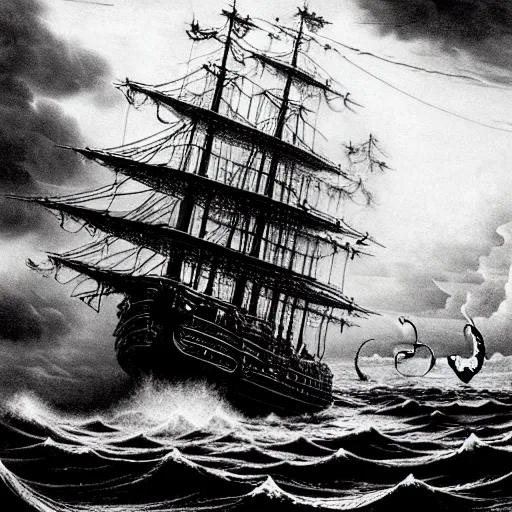 Prompt: a highly detailed hyperrealistic scene of a ship being attacked by giant squid tentacles, jellyfish, squid attack, dark, voluminous clouds, thunder, stormy seas, pirate ship, dark, high contrast, yoji shinkawa, scary, m.c. Escher, highly detailed, brutal, beautiful, octopus arms attacking the ship from the storm, illusion, artgerm