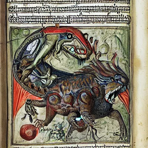 Image similar to medieval bestiary filled with uncanny grotesque beasts and freaky creatures