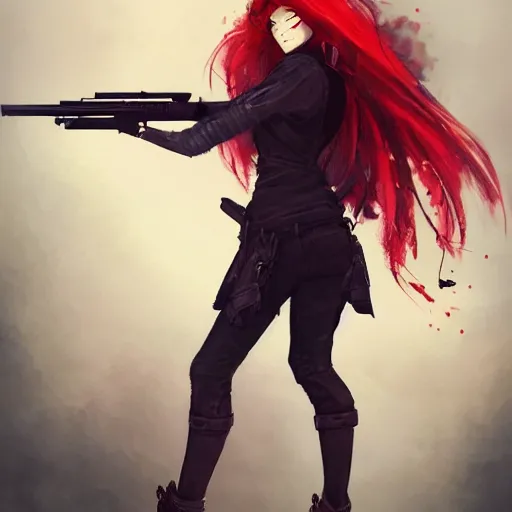 Image similar to a concept art of a boy and a girl with red hair holding a gun, gothic clothes, action shot, highly detailed, digital painting, artstation, concept art, smooth, sharp focus, illustration