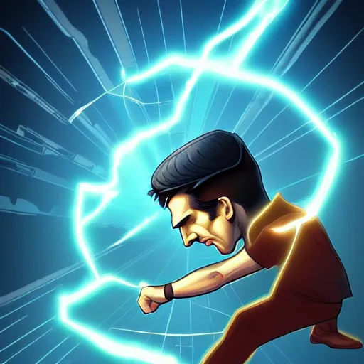 Prompt: Nikola Tesla with electric superpowers and Thomas Edison with light superpowers in an epic superhero battle, by MARVEL comics and Cyril Rolando and WLOP, trending on artstation