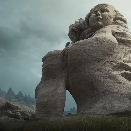 Prompt: a huge woman trapped in stone in an epic landscape, cinematic light, unreal engine, trending on artstation,