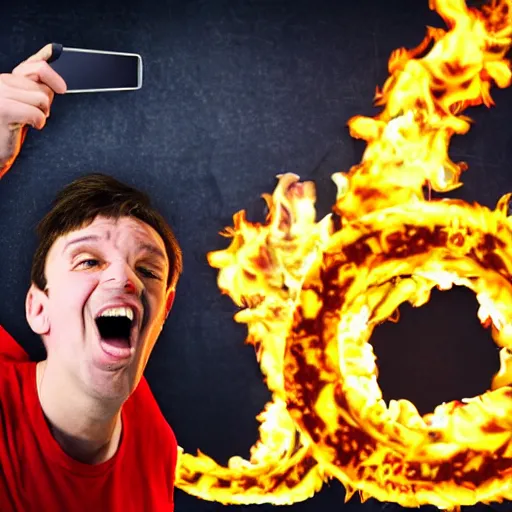 Prompt: selfie of a funny intimidated cartoon ukrainian against the background of a huge letter z made of fire, photorealism