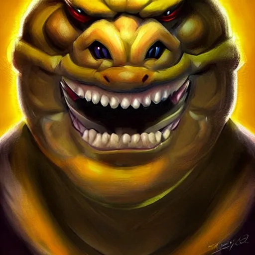 Image similar to bowser from super mario as realistic yellow turtle character art portrait, matte fantasy painting, deviantart artstation, by jason felix by steve argyle by tyler jacobson by peter mohrbacher, cinema c 9. 0