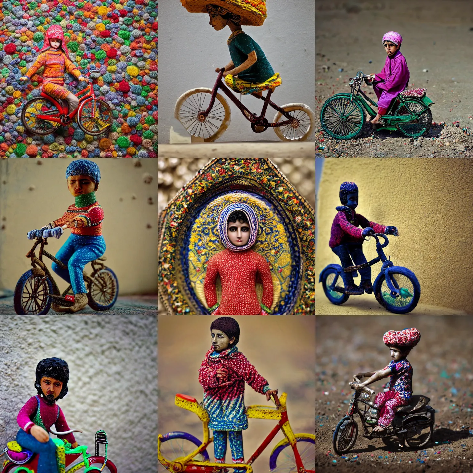 Image similar to portrait of a carpeted figurine of Iranian child on a bike, colourful, detailed, depth of field, intricate, delicate, by Jonas Jensen, Magnum photos