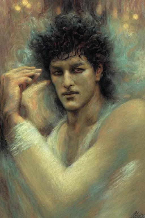 Image similar to portrait of morpheus, the sandman, the king of dreams. art by gaston bussiere.